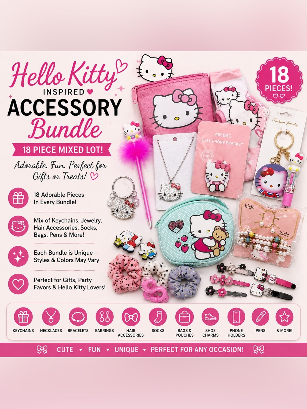 18-Piece Hello Kitty Accessory Bundle – Keychains, Jewelry, Socks, Hair